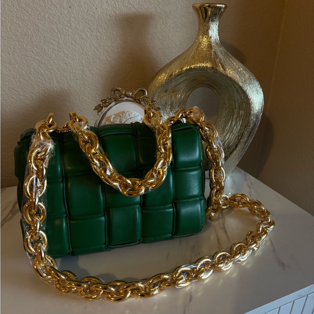 Bottega Veneta Emerald Green Quilted Shoulder Bag with Gold Chain